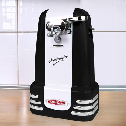Nostalgia Retro Electric Can Opener for Kitchen with Magnetic Lid Remover, Knife Sharpener, and Soda or Beer Bottle Opener, Black