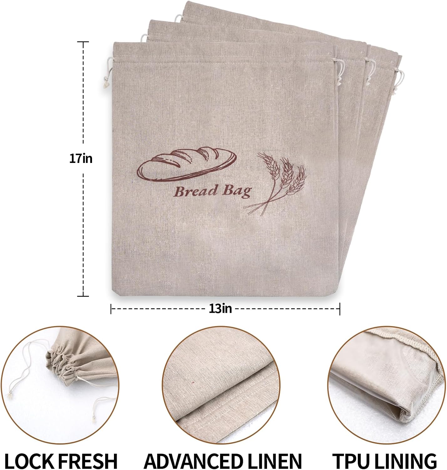 KYWJP 3 Pack Bread Bags for Homemade with Inner Lining, Linen Sourdough Reusable Bread Bags for Homemade Bread