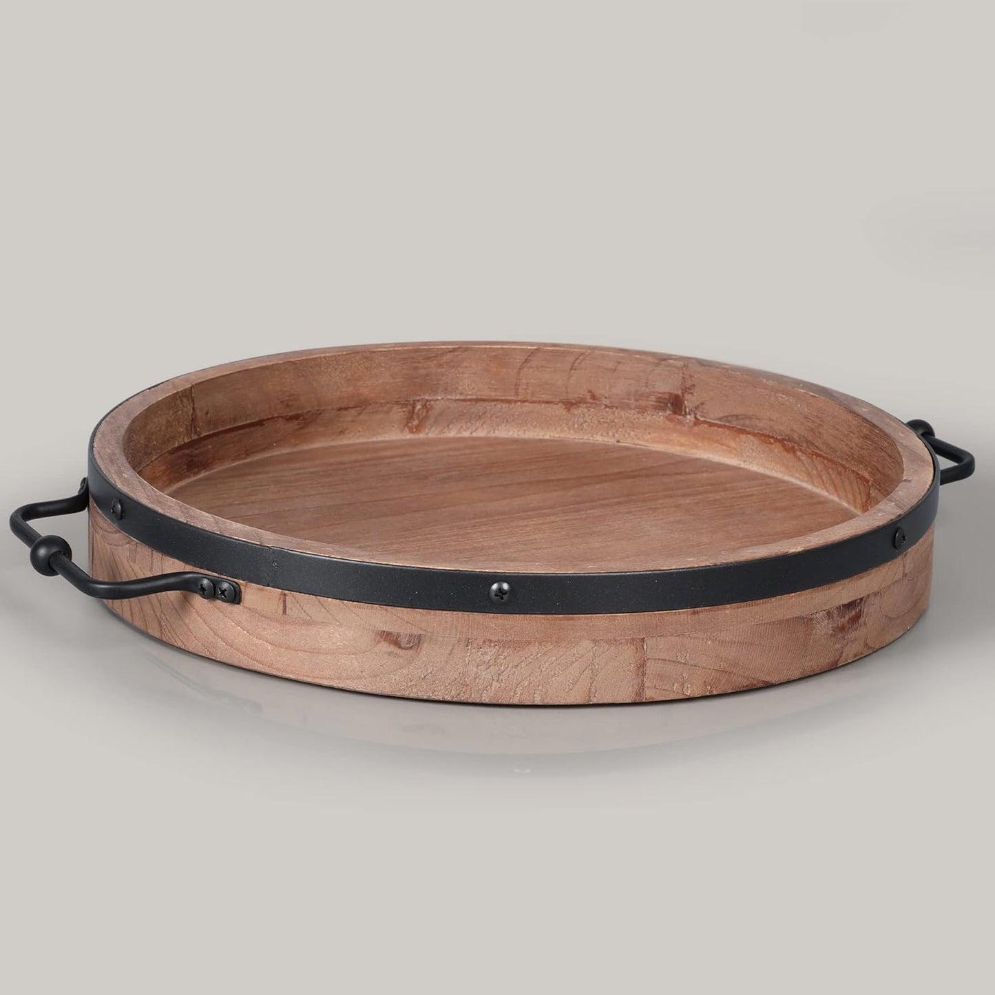 13.2'' Counter Round Coffee Table Tray - Farmhouse Wood Serving Tray with Metal Handles - Round Decorative Trays