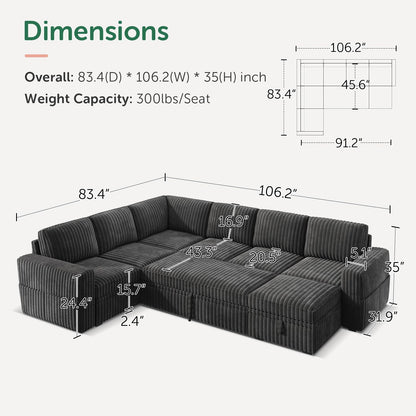 HONBAY Modular Sectional Sleeper Sofa with Pull Out Bed,Corduroy U Shaped Couch with Storage, Sectional Couches for Living Room,Dark Grey