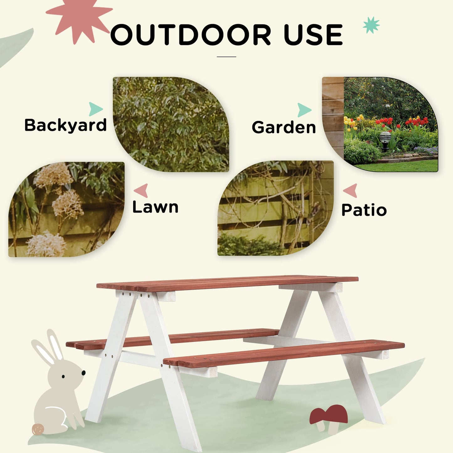Picnic Table Set, Wooden Table Bench Set, Patio Furniture Outdoor Toys for Garden, Backyard, Aged 3 8 Years Old, Brown