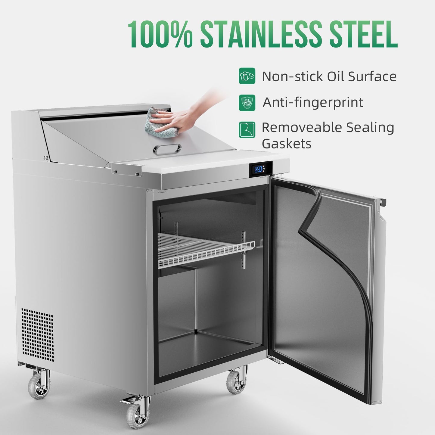 Coolake 27'' W Commercial Refrigerator Sandwich Salad Prep Table, 1 Door Sandwich Fridge with 8 GN 1/6 Pans, Counter Fan Cooling Refrigerator for Restaurant, ETL DOE
