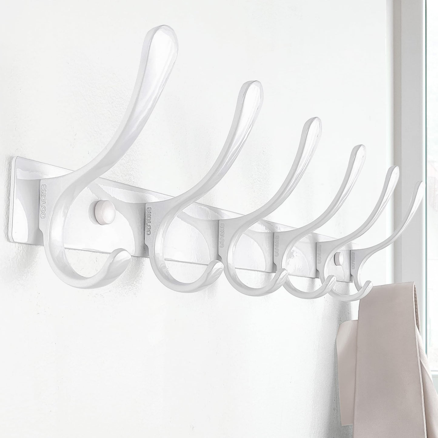 SKOLOO Heavy Duty Wall Mounted Coat Rack - 6 Hooks, Stainless Steel, Sturdy Coat Hooks for Hanging Clothes, Jacket, Hat, White