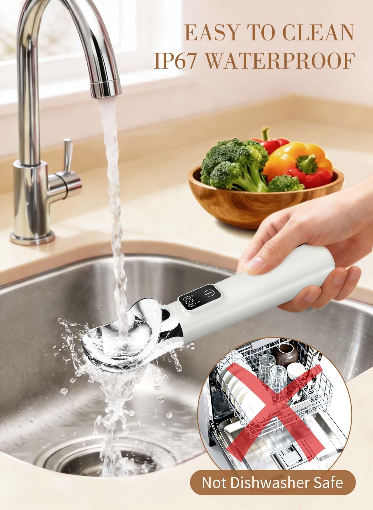 Heated Ice Cream Scoop Rechargeable, 5000mAh Battery Electric Ice Cream Scoop for Hard Icecream and More with LED Display, Self-Warming Heats To 158℉, IP67 Waterproof, Ideal Kitchen Gifts (White)