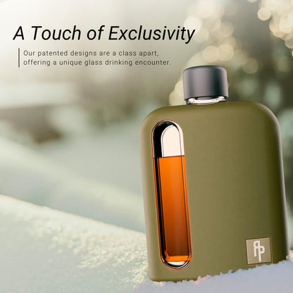 Ragproper Modern Glass Hip Flask for Men | Cork & Silicone Lid Liners | Firm Grip | Curved Edges | Durable Silicone Covered Flask for Whiskey | Liquor | Sprits | 100ml Single+ 240ml Double | Green