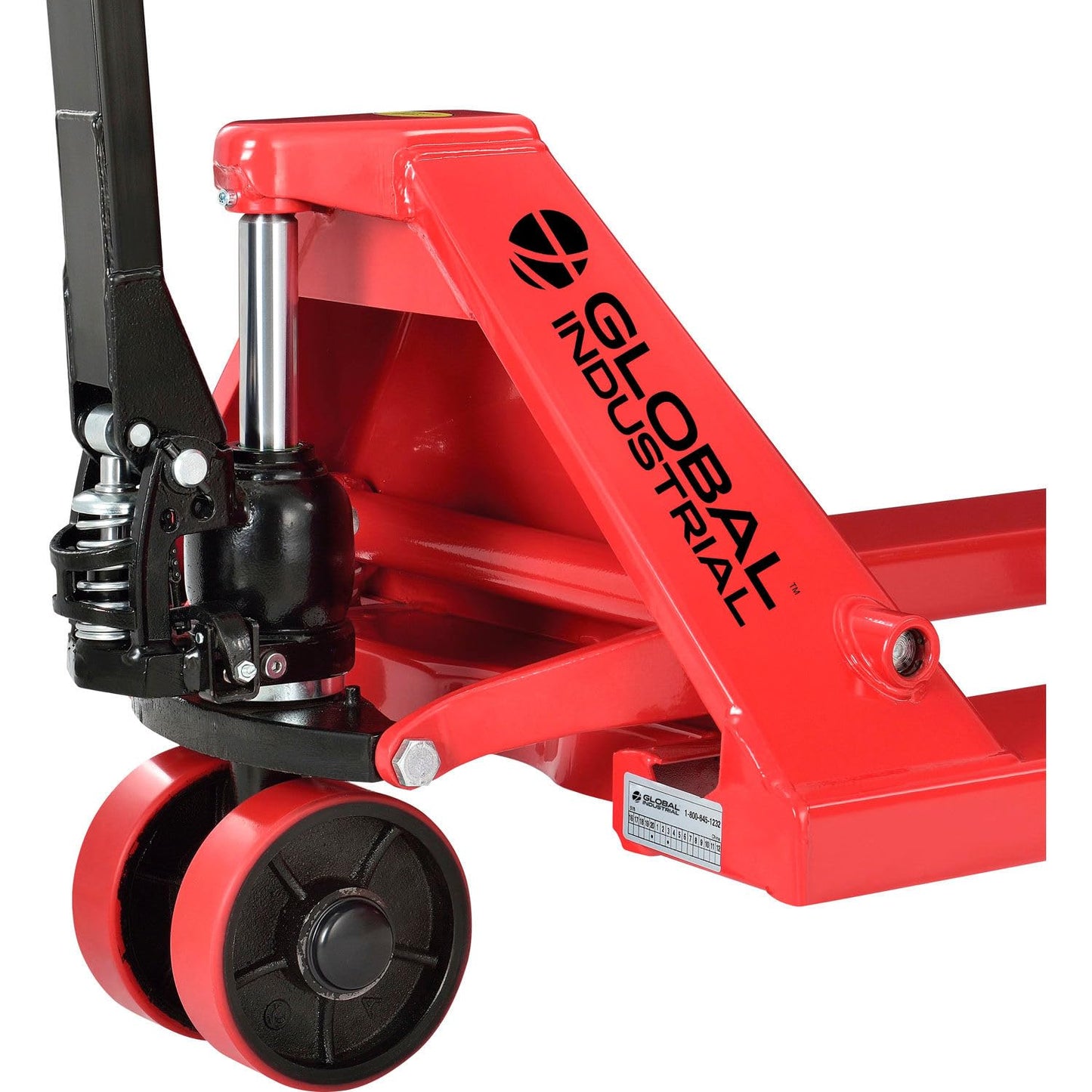 Global Industrial Standard Duty Narrow Pallet Jack with 21" W x 48" L Forks, 5500 lb. Capacity, Manual Pallet Truck for Warehouse, Manufacturing and Retail, Red Powder Coat Finish