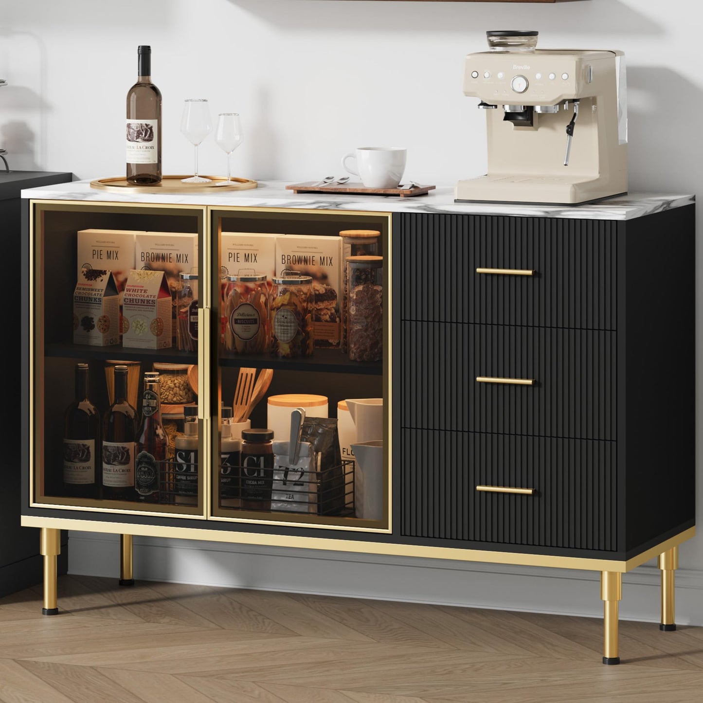 IDEALHOUSE Fluted Sideboard Cabinet, 46.4" Modern Sideboard Buffet Cabinet with 3 Drawers, 2 Glass Doors, Faux Marble Tabletop, Adjustable Shelves for Kitchen, Dining Room, Black