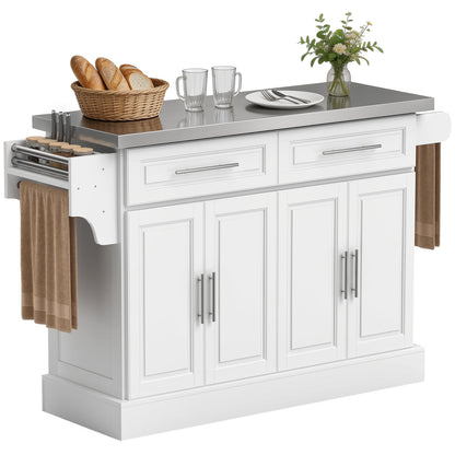 HOMCOM Rolling Kitchen Island Cart with 47" Stainless Steel Top, Portable Island Table for Kitchen with Wheels, Adjustable Shelves, 2 Drawers, Spice, Knife and Towel Rack, White