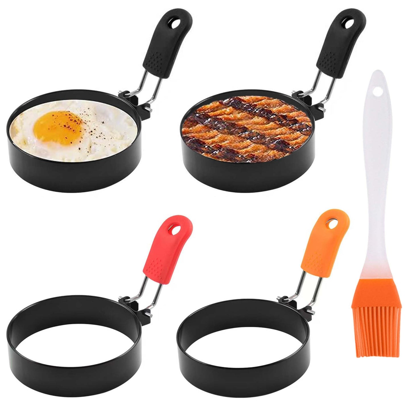 3.5" Nonstick Stainless Steel Egg Rings Set of 4 with Oil Brush, Round Crumpet Ring Mold for Muffins Pancake Cooking Griddle, Portable Grill Accessories for Indoor Camping Breakfast Sandwich Burger