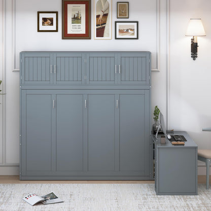 Merax Queen Size Wall Murphy Bed with Desk and Storage Shelves and Big Cabinets for Guest Room, Bed Room, Guest Room, Home Office, Gray