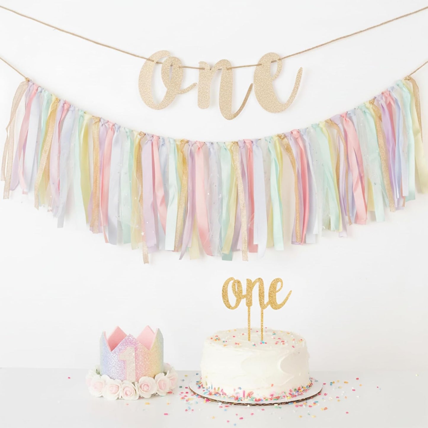 1st Set PapaKit Girls Birthday High Chair Premium Decoration - Pastel Rainbow Ribbon Garland, Crown, One Banner & Cake