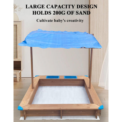 Wood Sandbox with Cover, Sand Box with 2 Bench Seats for Aged 3-8 Years Old, with Adjustable Height Canopy, Sand Pit for Beach Patio Outdoor