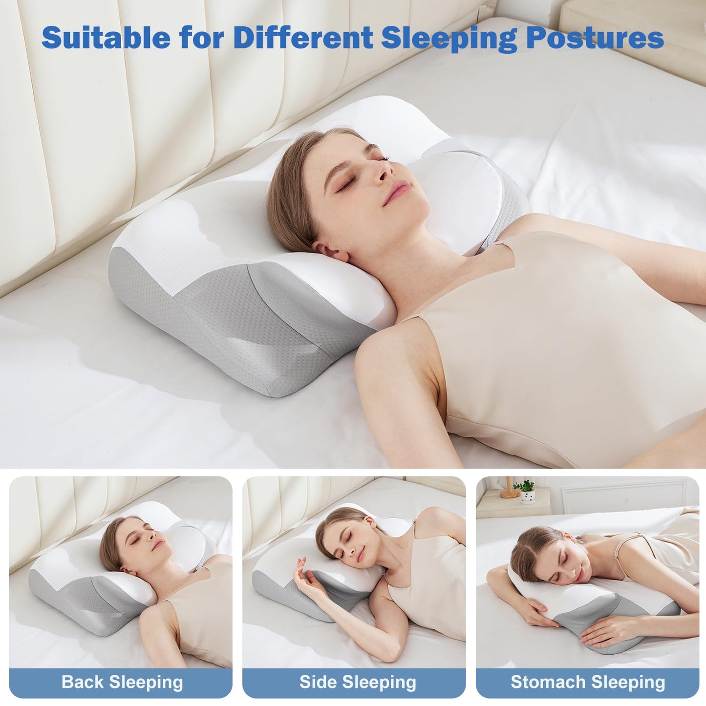 Cervical Neck Pillow for Sleeping - Cooling Ergonomic Memory Foam Pillow for Neck Pain Relief, Soft and Stretchy, Relieves Shoulder Pressure, Side Sleepers, Cooling and Breathable Ice Silk Pillowcase