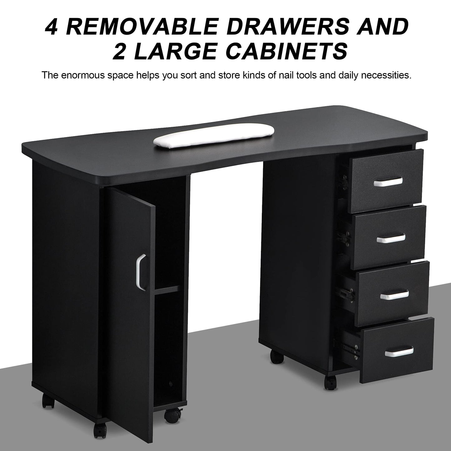 BarberPub Manicure Table, Acetone Resistant Nail Desk, Nail Table with 4 Drawers, 2 Cabinet, Lockable Wheels, Wrist Pad, Nail Desk for Nail Tech, Beauty Salon Black 0611