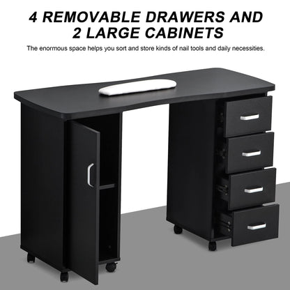 BarberPub Manicure Table, Acetone Resistant Nail Desk, Nail Table with 4 Drawers, 2 Cabinet, Lockable Wheels, Wrist Pad, Nail Desk for Nail Tech, Beauty Salon Black 0611