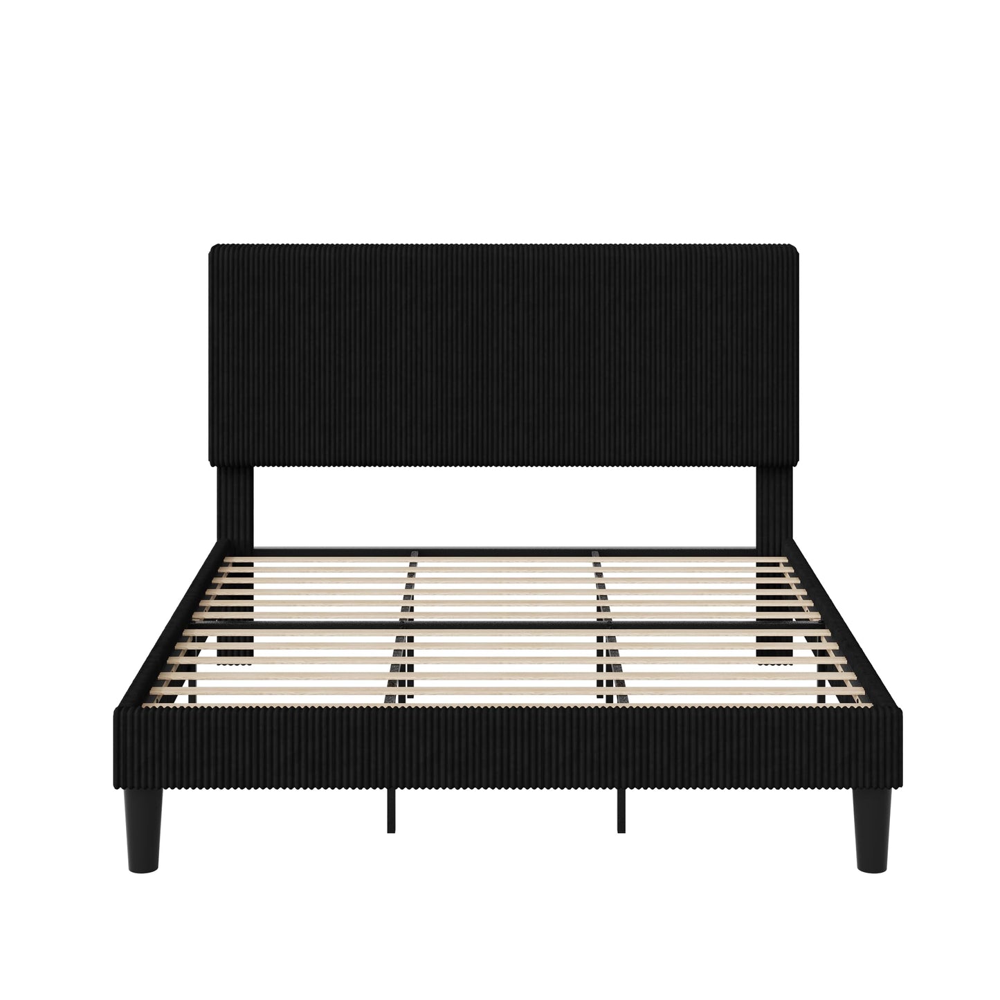 Allewie King Size Upholstered Bed Frame with Vertical Channel Tufted Headboard, Soft Corduroy Fabric Platform Bed, Strong Wooden Slats Support, Easy Assembly, No Box Spring Needed, Black