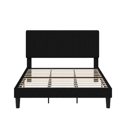Allewie King Size Upholstered Bed Frame with Vertical Channel Tufted Headboard, Soft Corduroy Fabric Platform Bed, Strong Wooden Slats Support, Easy Assembly, No Box Spring Needed, Black