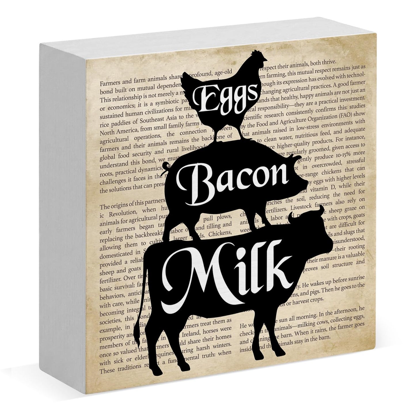 Farmhouse Eggs Bacon Milk Wood Box Sign Desk Decor, 5x5 Inch Rustic Farm Animal Wooden Sign for Kitchen Dining Room Home Shelf Decor, Farmhouse Gifts for Women Farmer Cooking Lovers
