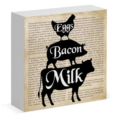 Farmhouse Eggs Bacon Milk Wood Box Sign Desk Decor, 5x5 Inch Rustic Farm Animal Wooden Sign for Kitchen Dining Room Home Shelf Decor, Farmhouse Gifts for Women Farmer Cooking Lovers