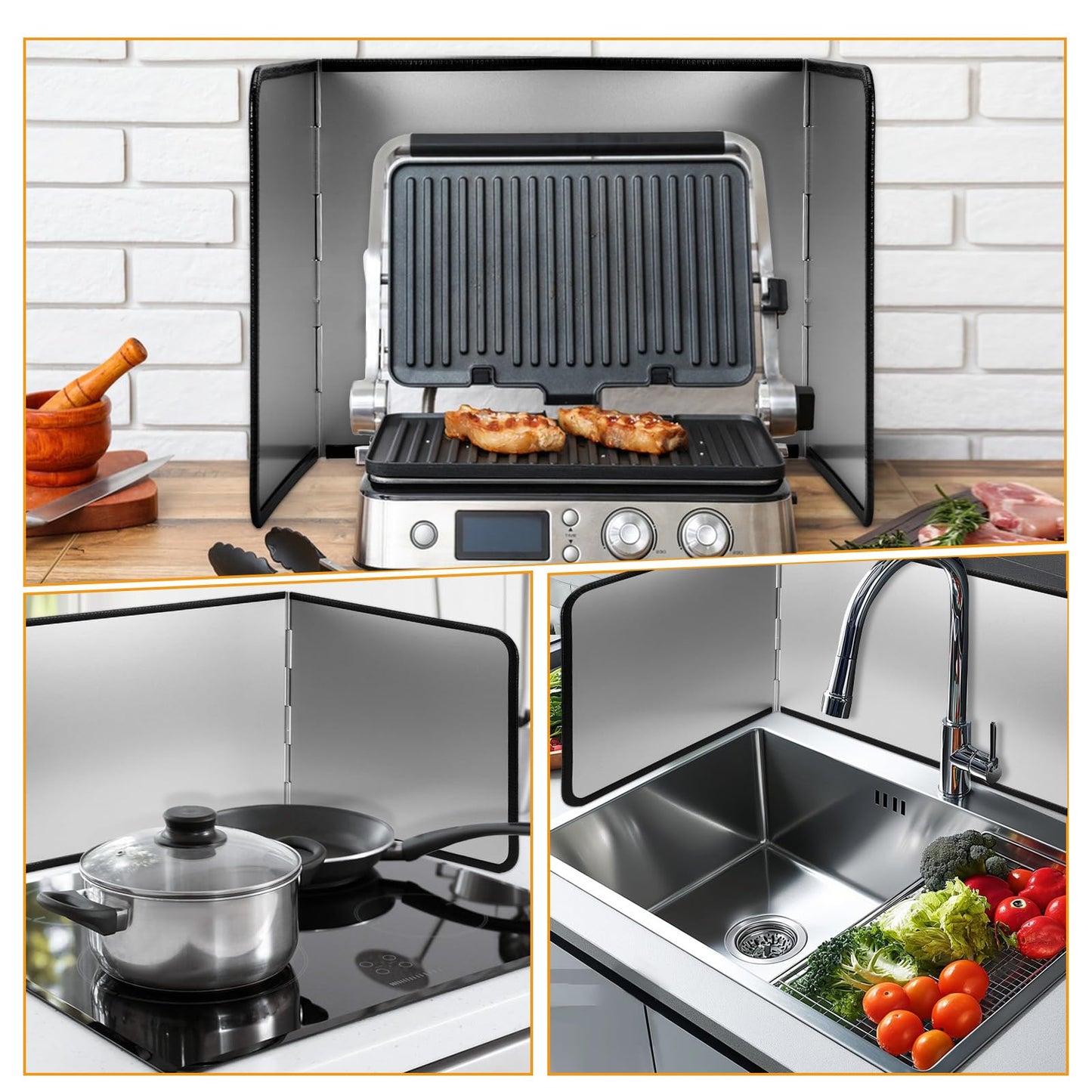 Foldable Stainless Steel Splatter Guard, Oil Splash Protection Backsplash, Splatter Guard for Frying Non-stick 3 Sided Foldable for Stove Top Wall, Easy to Clean and Store for Stove Top and Frying Pan