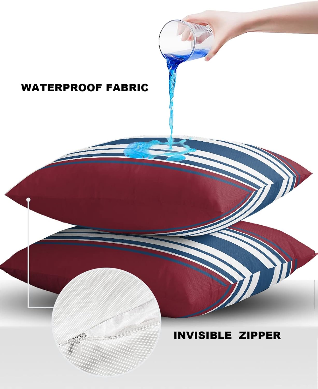 Navy Blue Burgundy Red Color Stripe Outdoor Pillow Covers Set of 2, Waterproof Throw Pillow Case, Cotton Linen