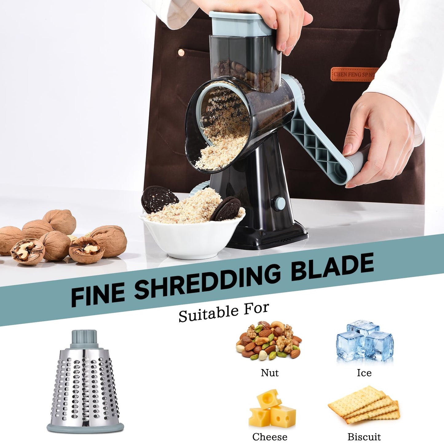 Rotary Cheese Grater with Handle Kitchen Shredder Slicer Grater Slicer Ice Shaver Cheese Vegetable Nuts Potato Zucchini Chocolate 3 Interchangeable Blades (GreyBlue