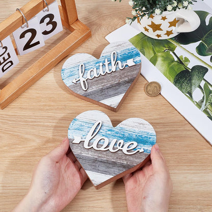 GORGECRAFT 2Pcs 2 Styles Small Wooden Heart Decor Rustic Farmhouse Table Centerpieces Love Faith Sign Table Decoration for Dining Room Shelf Housewarming Gifts Bedroom Office New House