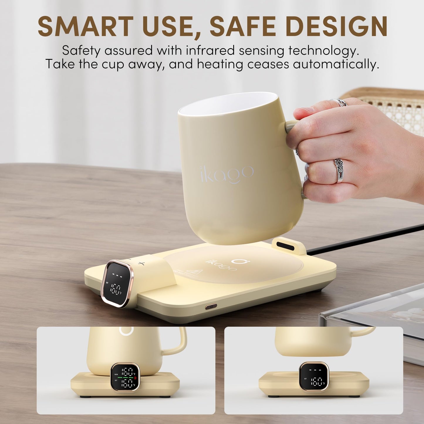 Coffee Mug Warmer & iKago Mug Set, Temperature Control Smart Heated Mug for Desk, Electric Coffee Warmer with Auto Shut Off & Real-Time Temp Display, Gifts for Men Women, 15oz Ceramic Mug