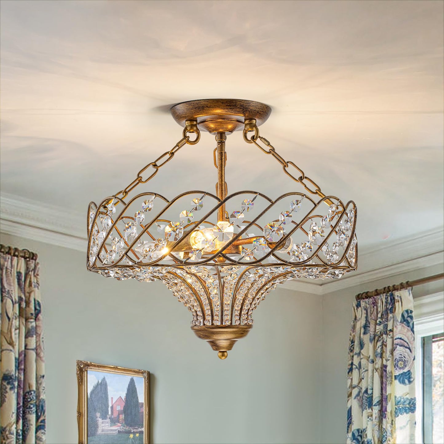 Yezgge 15.7" Vintage Semi Flush Mount Ceiling Light,Antique Gold Crystal Basket Chandelier,3-Light Rustic Metal Ceiling Light Fixture for Dining Room,Kitchen,Bedroom,Foyer,Hallway