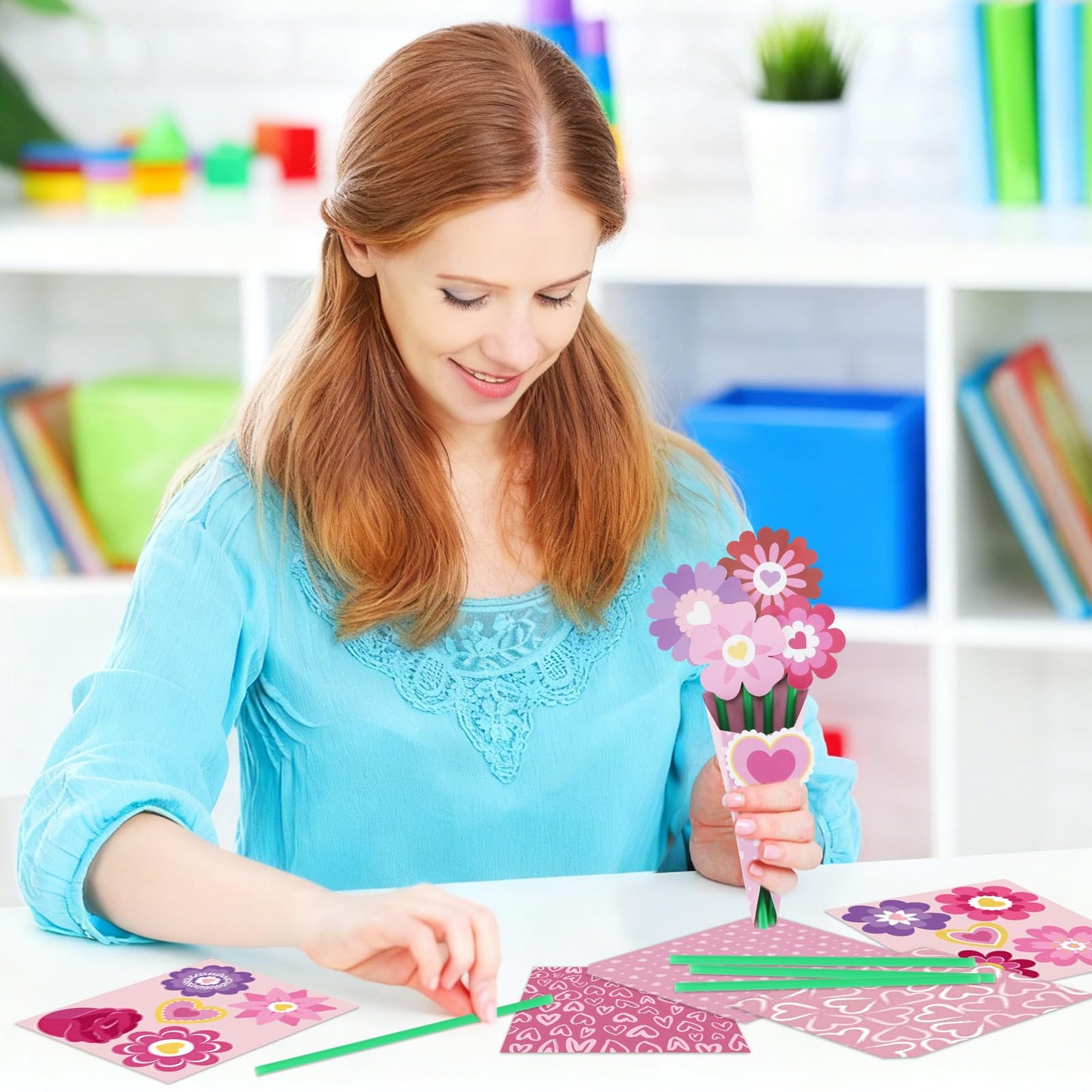 Nlicrst 24 Pcs Valentine Flower Craft Valentine's Day Paper Crafts Make Your Own Flower Bouquets for Valentine's Day Home Fun DIY, Perfect Handmade Valentine Gift (6 Styles)