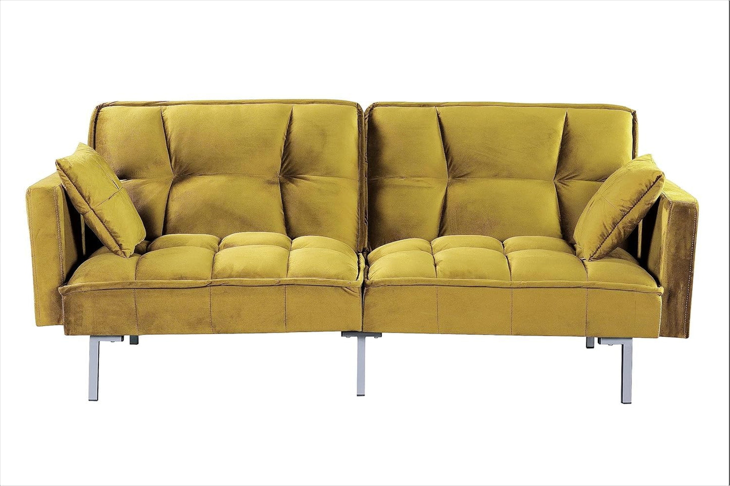 Container Furniture Direct Regal 75.6" Velvet Convertible Sofa Bed - Mid-Century Sleeper Couch w/Tufted Design & Metal Legs - Pull-Out Futon for Guests/Home (75.6"W x 34.6"D x 32"H), Greenish Yellow