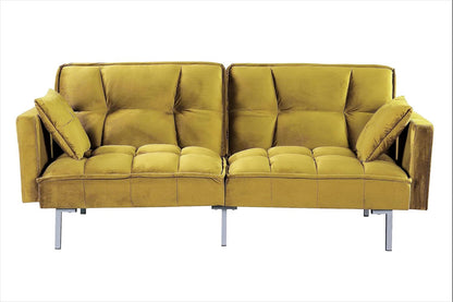 Container Furniture Direct Regal 75.6" Velvet Convertible Sofa Bed - Mid-Century Sleeper Couch w/Tufted Design & Metal Legs - Pull-Out Futon for Guests/Home (75.6"W x 34.6"D x 32"H), Greenish Yellow