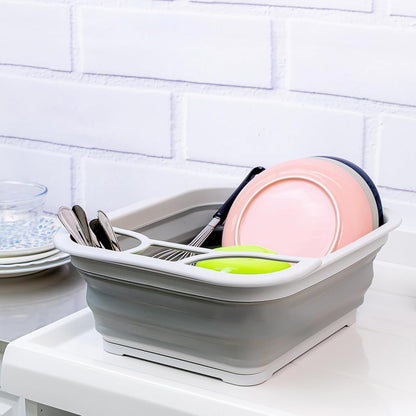 SAMMART Collapsible Dish Drainer with Drainer Board - Foldable Drying Rack Set - Portable Dinnerware Organizer (Grey)