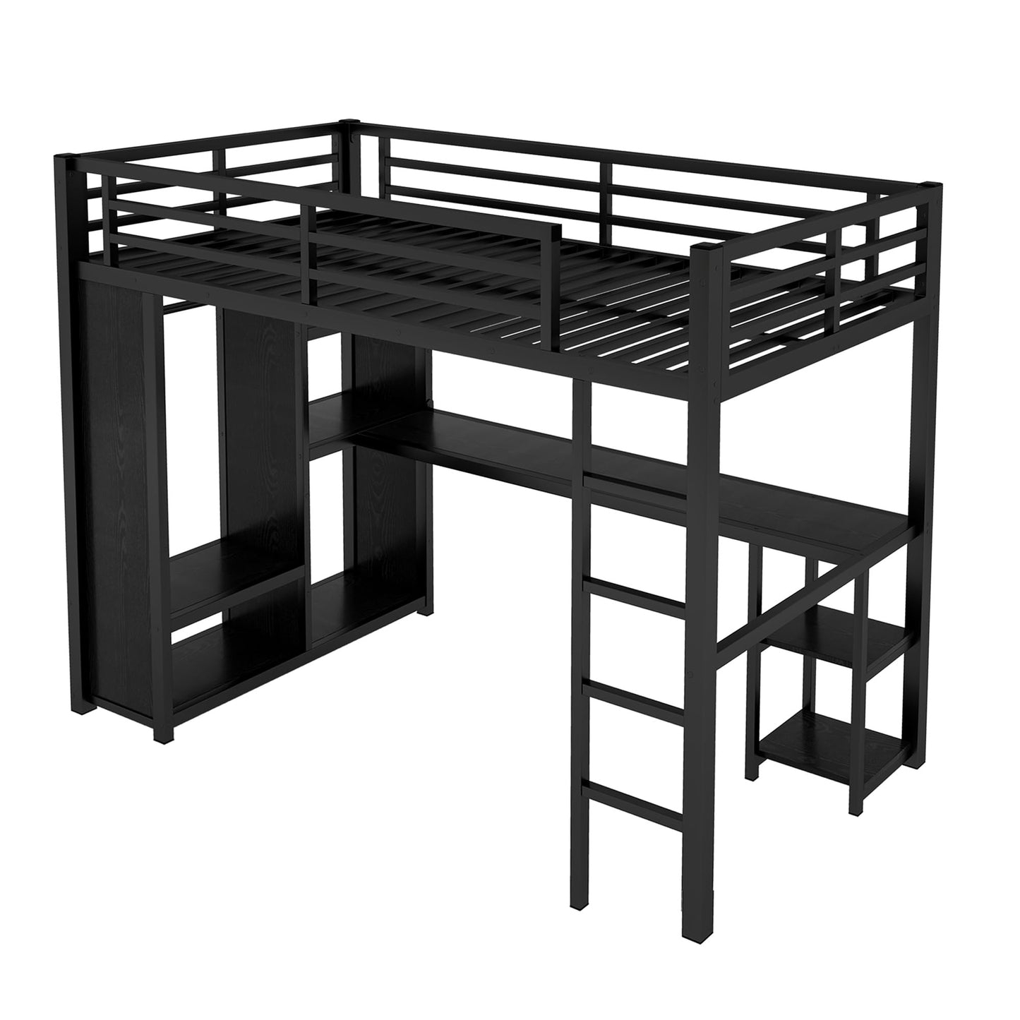Bellemave Metal Twin XL Size Loft Bed with Desk and Wardrobe,Heavy Duty Loft Bed Frame with Storage Shelves for Kids,Teens,Adults, Space Saving,Black