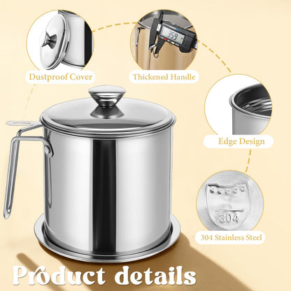 1.8L / 61 oz Bacon Grease Container with Strainer, 304 Stainless Steel Grease Container, Oil Filter with Fine Mesh Strainer and Dust-Proof Lid for Storing Frying Oil