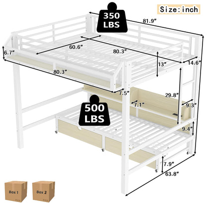Bellemave Queen Over Queen Metal Bunk Bed with Storage Drawers and Shelves, Heavy Duty Bunk Beds with LED Lights and Charging Station for Kids,Adults,Convertible into a Sofa Bed,White