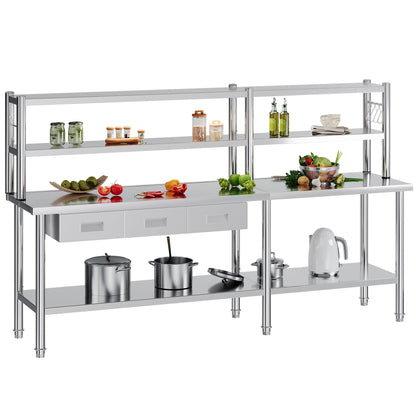 Jocisland 96"x24" Stainless Steel Work Table with Overshelves, 2/3 Drawers, Adjustable Shelf & Hooks, Food-Grade Stainless Steel Heavy-Duty Prep Station for Commercial Kitchen, Restaurant, or Garage
