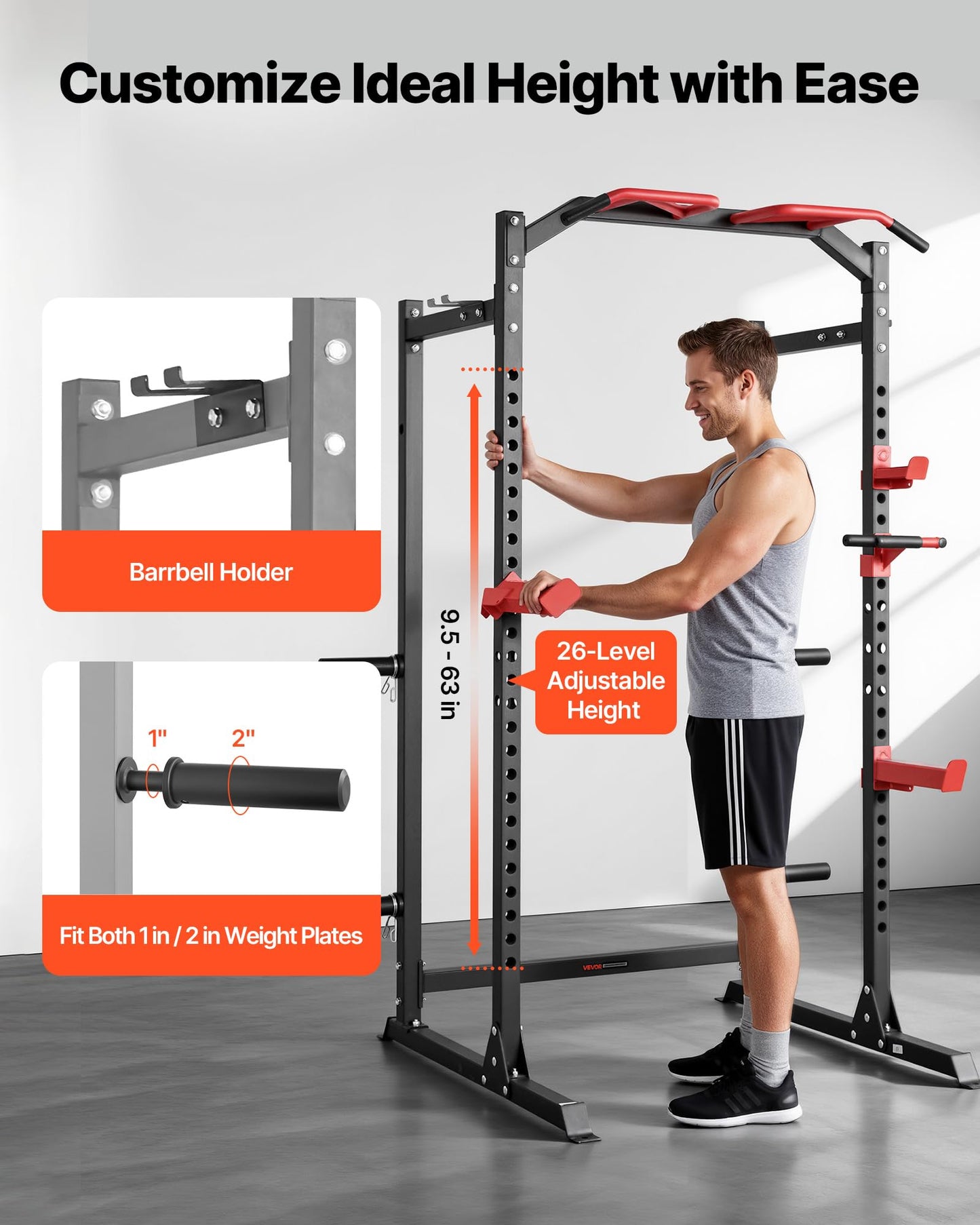 VEVOR Power Cage Power Rack, Multifunctional Barbell Squat Rack with Adjustable Height, Home Gym Strength Training Workout Equipment with J-Hooks & More Fitness Attachment for Bench Press Pull-Up Dips