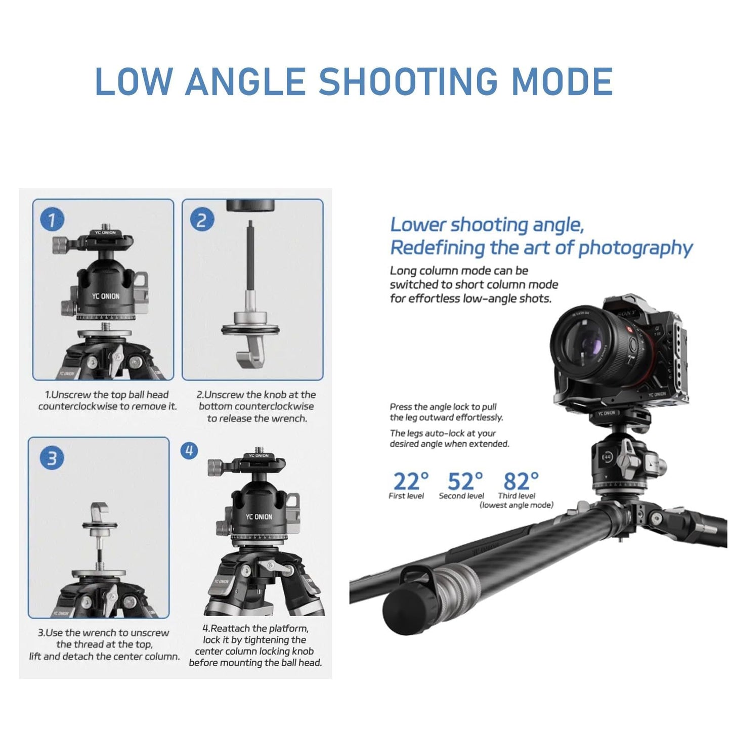 YC Onion Tako T23 Carbon Fiber Tripod with BC44 Ball Head I 10kg Load I One-Flip Quick Release I 1825mm Max Height I Dust-Proof Joints for Low-Angle/Macro Photography