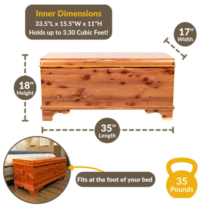 DutchCrafters Red Cedar Wood Blanket Storage for Living Room, Fully Lined Hope Chest, Bedroom Bench, Lockable Storage Box, Locking Chest with Handles and Waterfall Edge - Amish Made in USA (35" Small)