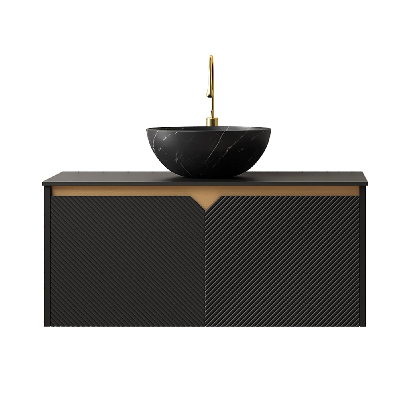 36" Floating Bathroom Vanity with Vessel Sink, RUBEN Wall Mounted Plywood Cabinet, Sintered Stone Countertop, Twill Double Doors with Metal Trim, Modern Storage Unit, Bowl Black Stone Ceramic Basin
