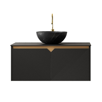 36" Floating Bathroom Vanity with Vessel Sink, RUBEN Wall Mounted Plywood Cabinet, Sintered Stone Countertop, Twill Double Doors with Metal Trim, Modern Storage Unit, Bowl Black Stone Ceramic Basin