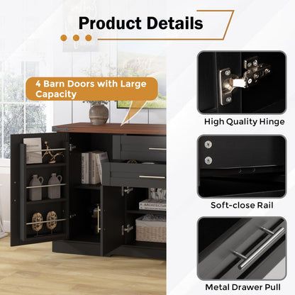 KEIKI 63" Farmhouse Barn Door Sideboard Buffet Cabinet with Storage – 2 Drawers, Adjustable Shelves, Door Rack, Kitchen Buffet, Large Sideboard Buffet Cabinet, Cabinet for Dishes, Black