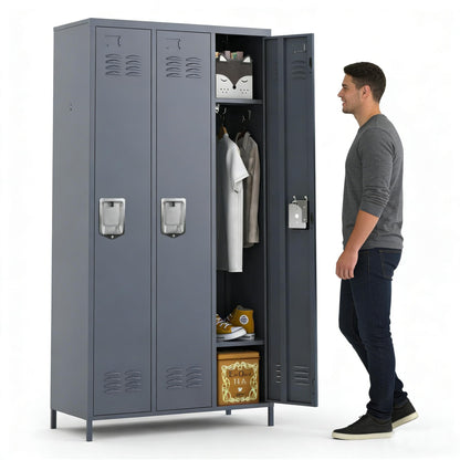 EKJ Upgraded Metal Storage Locker for Employees, 3 Doors Metal Locker Storage Cabinet for Gym Office School, Tall Steel Locker Cabinet for Employees, Assemble Required(Grey)