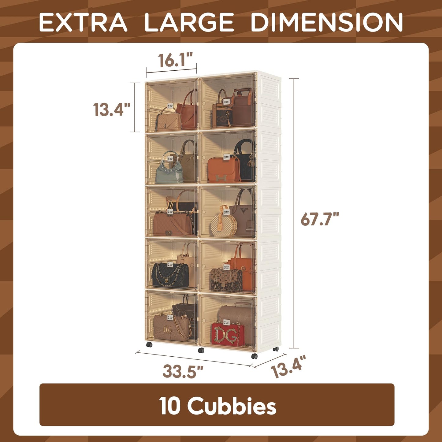 MAYIBOX 10 Cubbies Handbag Storage Organizer for Closet, Purse Organizer Cabinet with Magnetic Doors & Wheels, Foldable One-Piece Transparent Storage Box for Bags, Boots, Clothes, Toys, Books