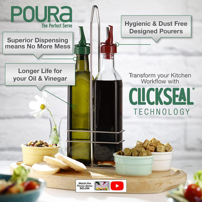 Poura Vinegar and Olive Oil Bottle Drizzler Set with ClickSeal BPA Free Pour Spouts | Glass Oil & Vinegar Dispenser Bottles for Cooking & Dining | Hygienic Covers + Silicone Decanter Funnel 500ml