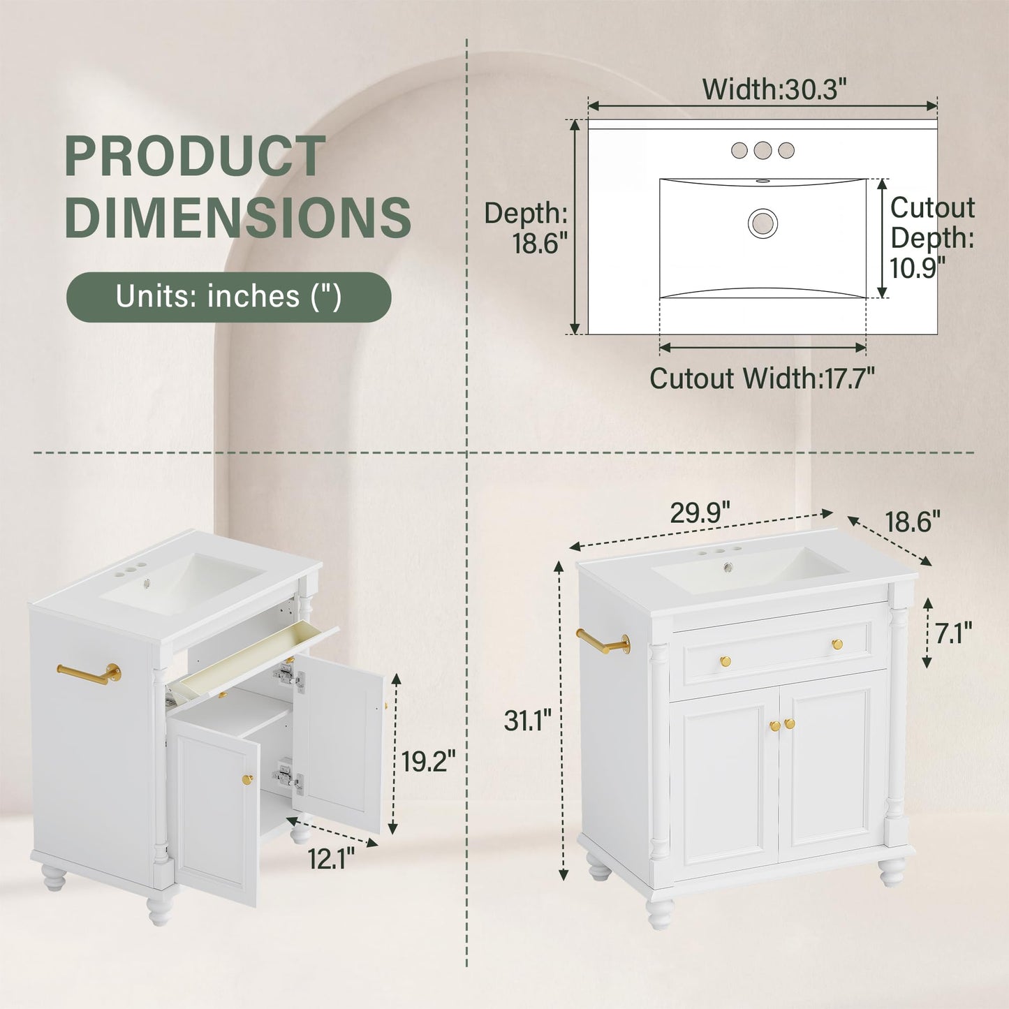 YESHOMY 30" Bathroom Vanity with Sink, Freestanding Bathroom Vanity with Integrated Ceramic Basin, 1 Flip-Down Drawer, 2 Doors & Adjustable Shelf, Bathroom Storage Cabinet with Sink Combo Set, White