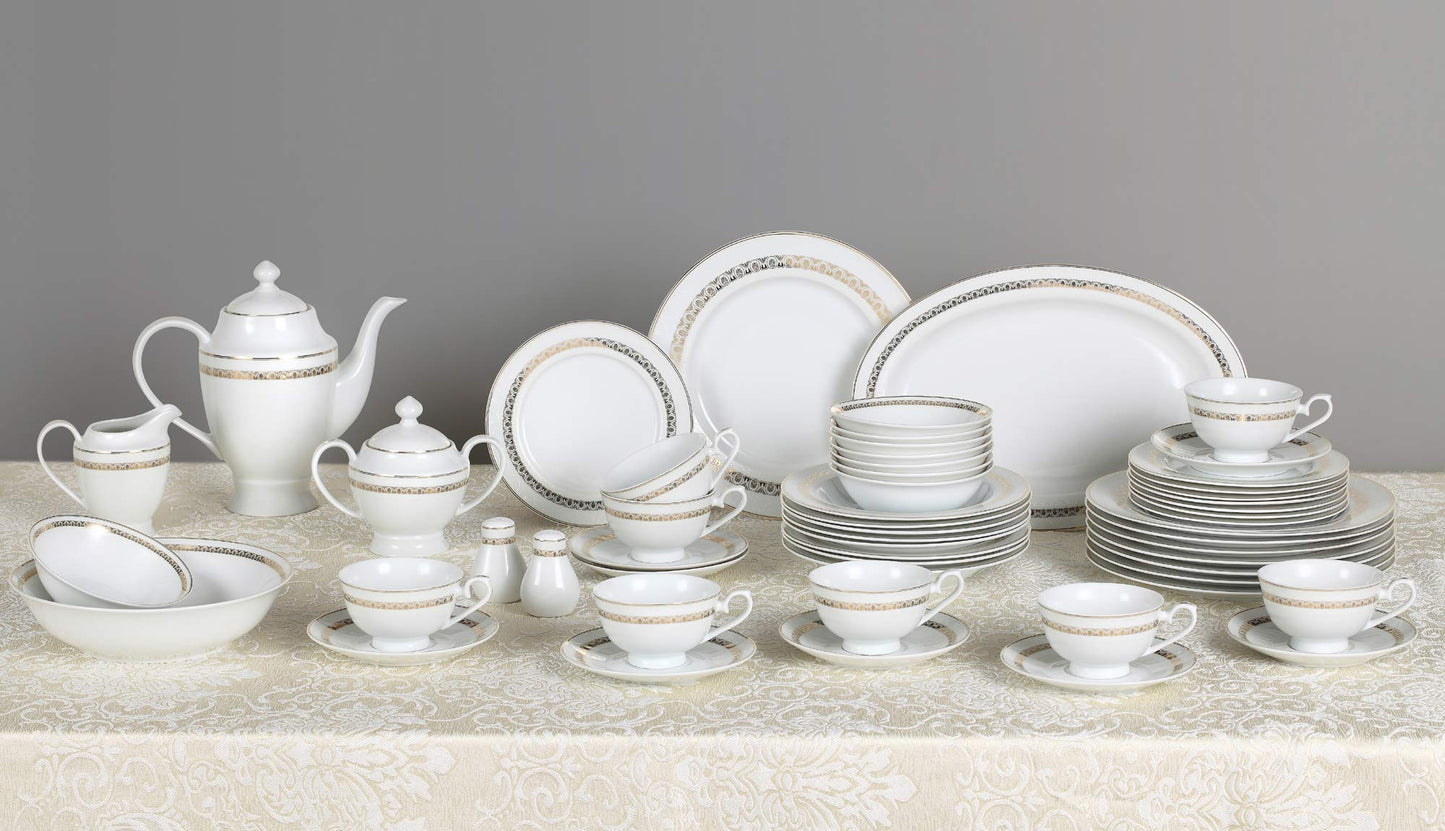 Stylish and Elegant 57 Pieces Bone China Dinnerware Set Service for 8 People - Gold