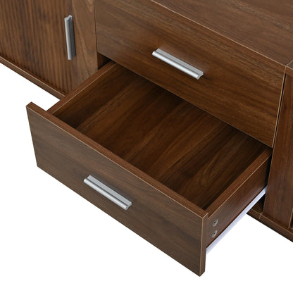 Merax 70.8" Fluted TV Stand for 65-70 Inch TVs, Modern Wood Entertainment Center with Sliding Doors, Storage Drawers, Rounded Corners, Easy-Clean Media Console Cabinet, Antique Brown