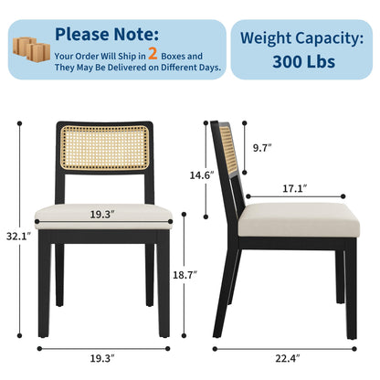 Garvee Rattan Dining Chairs Set of 4, French Country Upholstered Dining Chairs Wood Frame, Rattan Backrest, Armless Chair for Kitchen Restaurant Dining Room Bedroom, Linen, Black